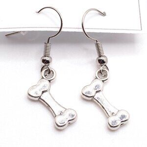 Handmade Silvertone Pet Dog Bone Earrings, New